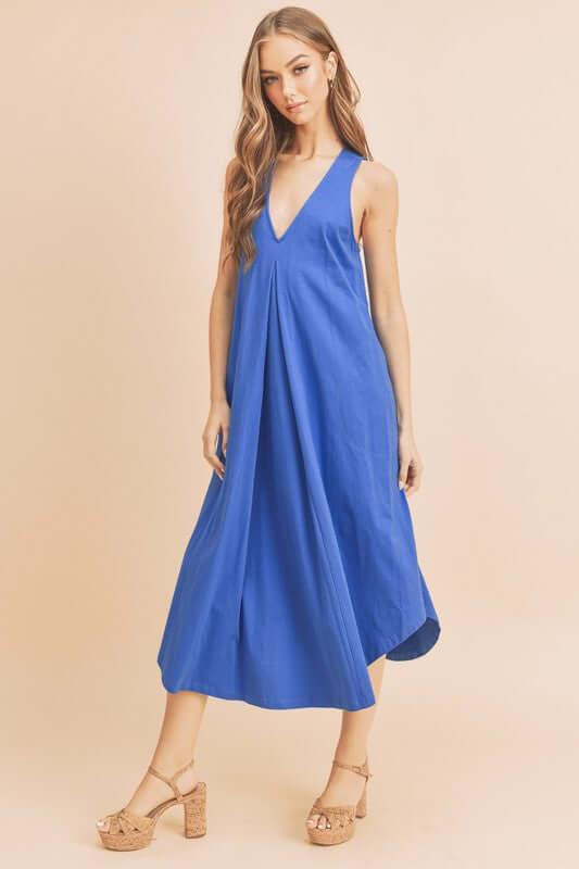 Aemi + Co Front Pleat Detail V-Neck Sleeveless Midi Dress