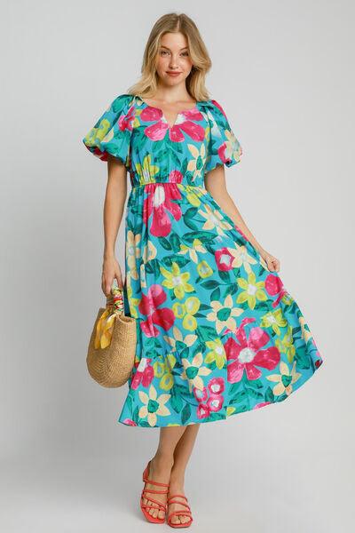 Umgee Full Size Tiered Floral Print Notched Puff Sleeve Midi Dress Plus Size - Clothes For Her Online Store