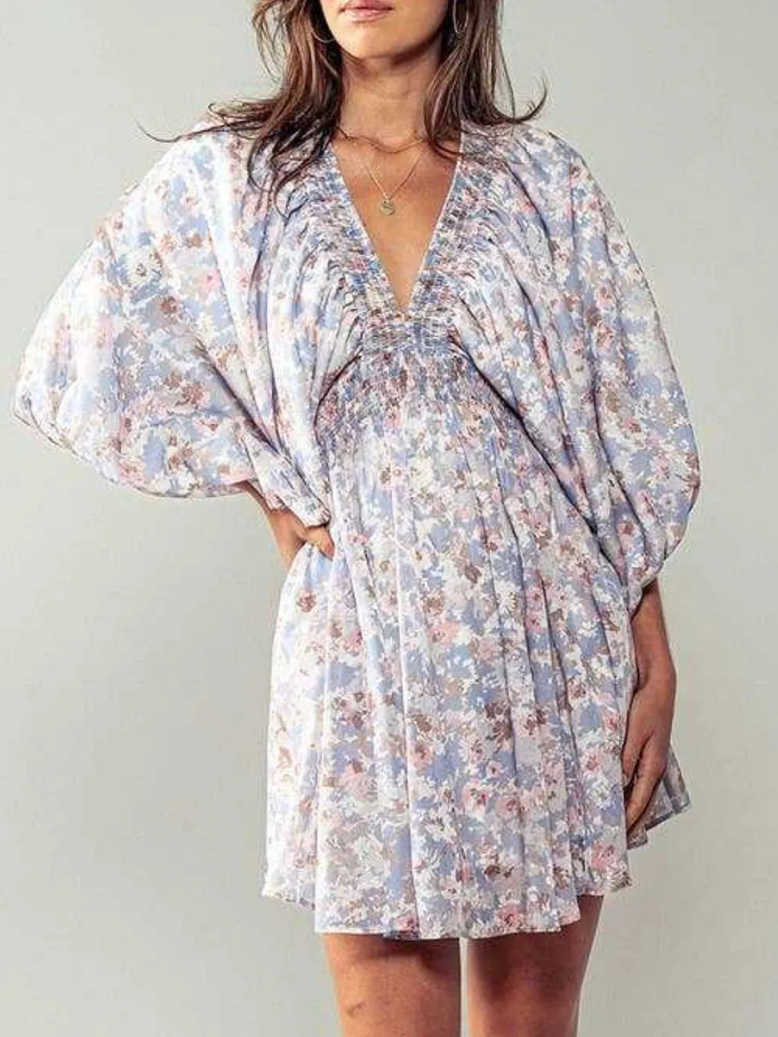 Floral V-Neck Balloon Sleeve Dress