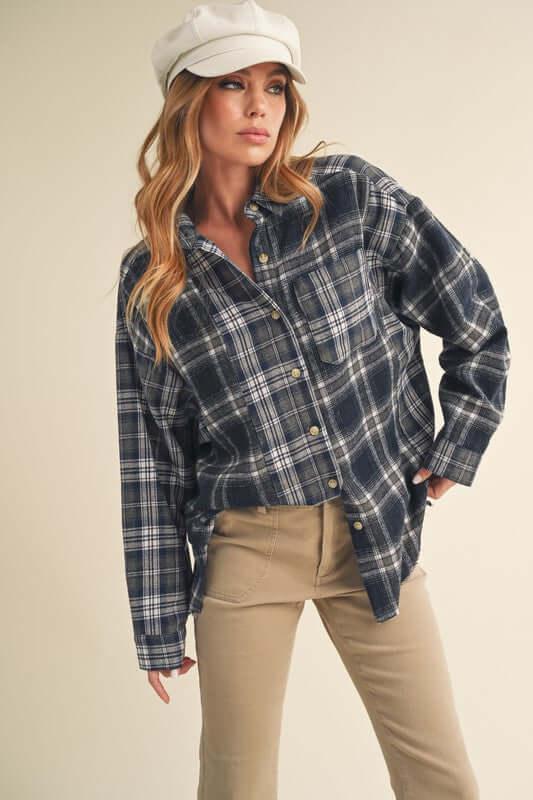 Aemi + Co Frayed Hem Plaid Button Up Flannel Shirt