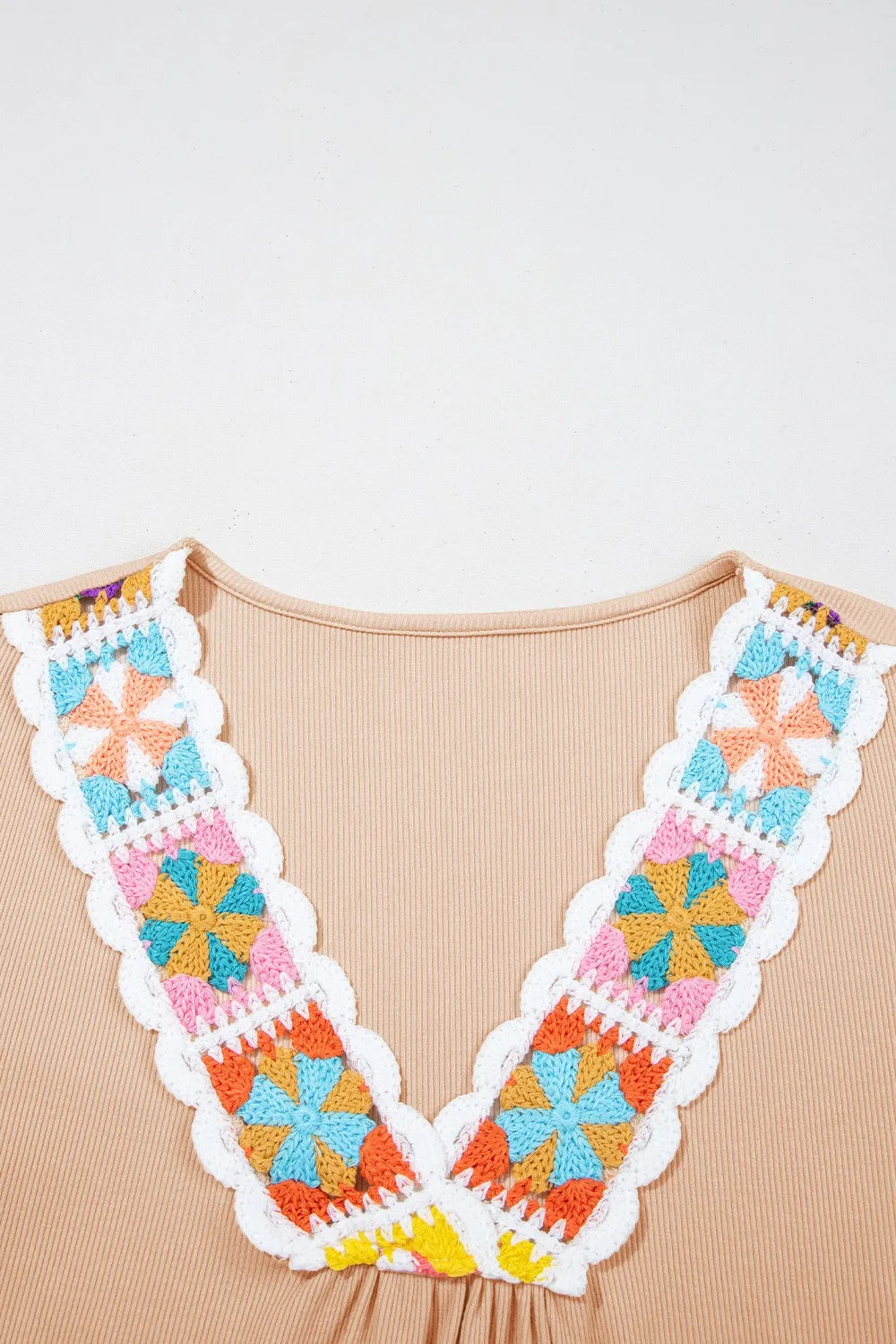 Floral Crochet V Neck Short Sleeve Blouse