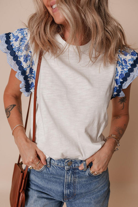 Round Neck Printed Ruffled Cap Sleeve Blouse