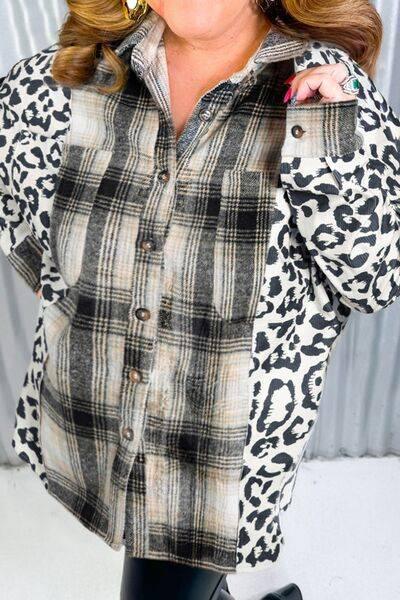 Plus Size Leopard Plaid Button Up Long Sleeve Shacket - Clothes For Her Online Store