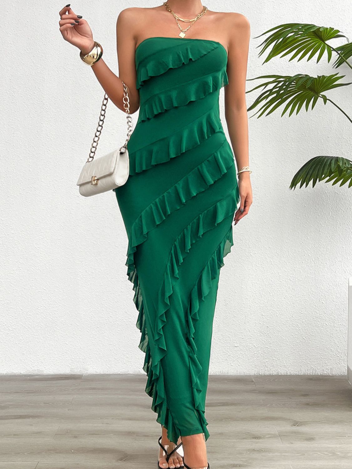 Devine Ruffled Slit Back Tube Maxi Dress