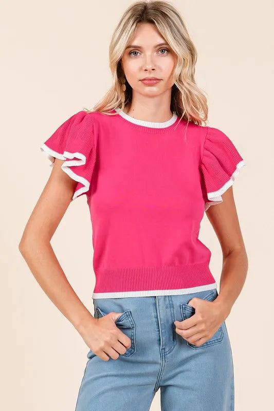 Mittoshop Contrast Trim Ruffled Cap Sleeve Knit Top
