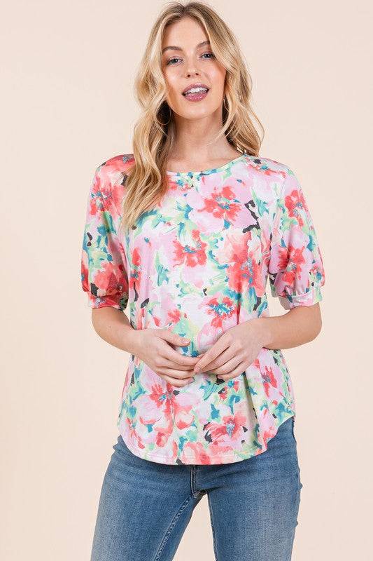 BOMBOM Floral Round Neck Puff Sleeve Top - Clothes For Her Online Store