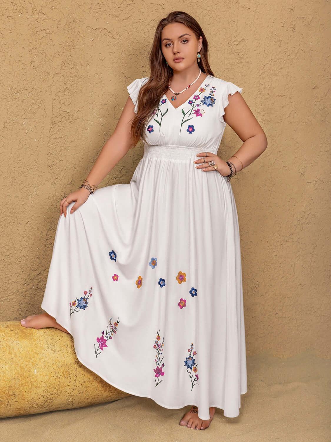 Plus Size Embroidered Floral V-Neck Cap Sleeve Maxi Dress