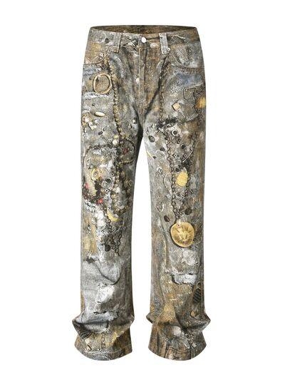 Men's Wide Straight Printed Jeans with Pockets - Clothes For Her Online Store