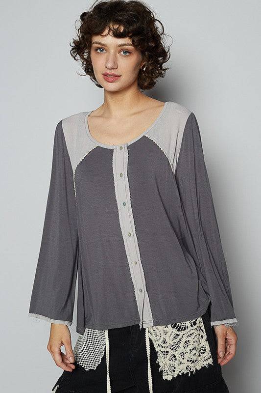 POL Contrast Button Front Long Sleeve Knit Top