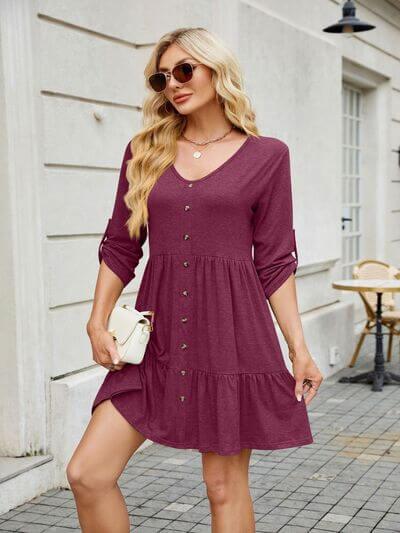 Tiered Ruched V-Neck Mini Dress - Clothes For Her Online Store