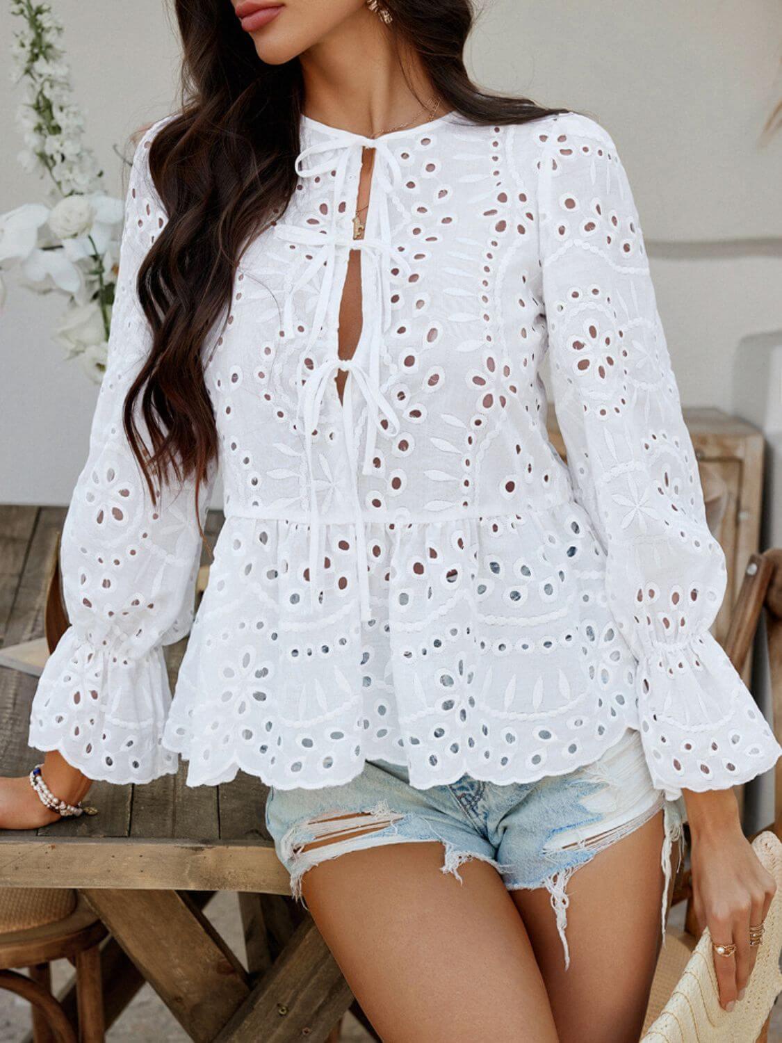 Devine Tie Front Flounce Sleeve Peplum Blouse