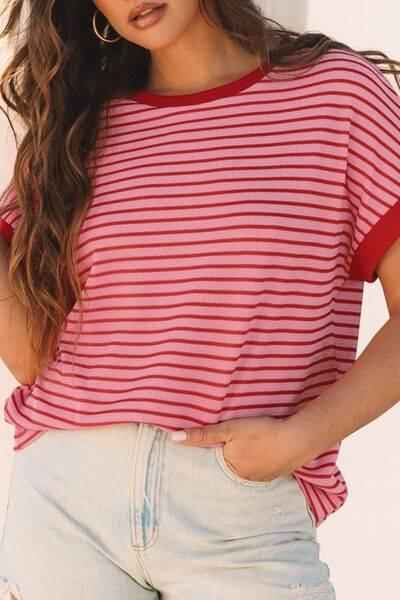 Contrast Striped Round Neck Short Sleeve T-Shirt