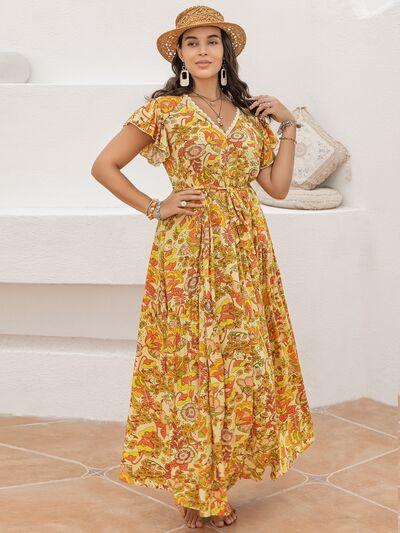 Plus Size Printed V-Neck Flutter Sleeve Tie Waist Maxi Dress