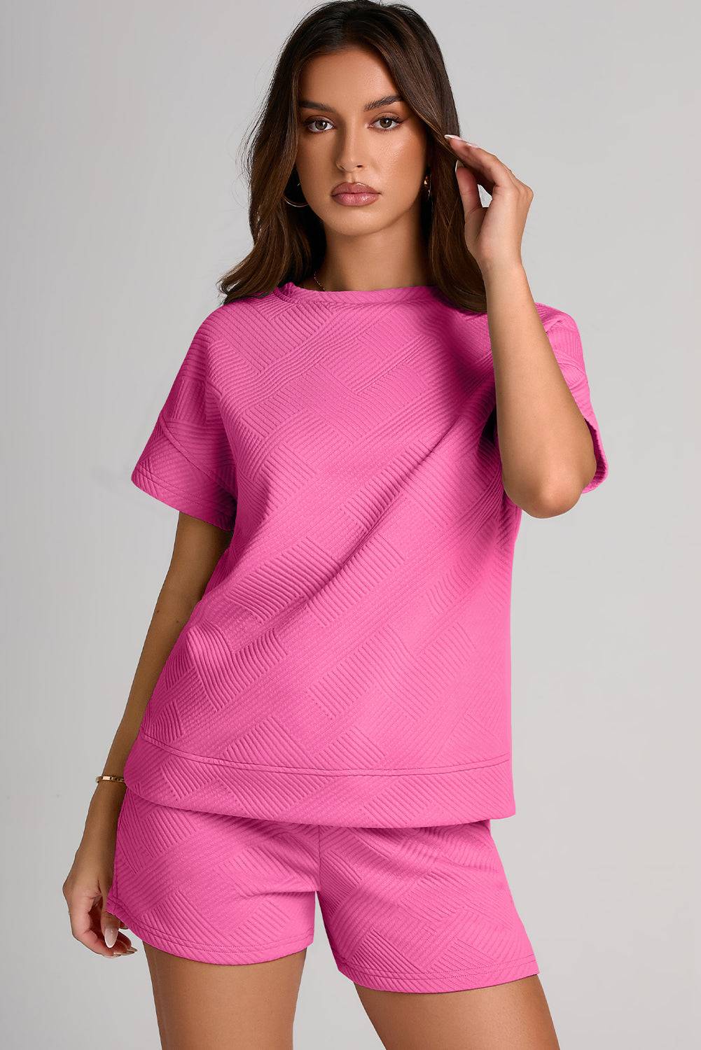 Textured Round Neck T-Shirt and Shorts Set - Clothes For Her Online Store