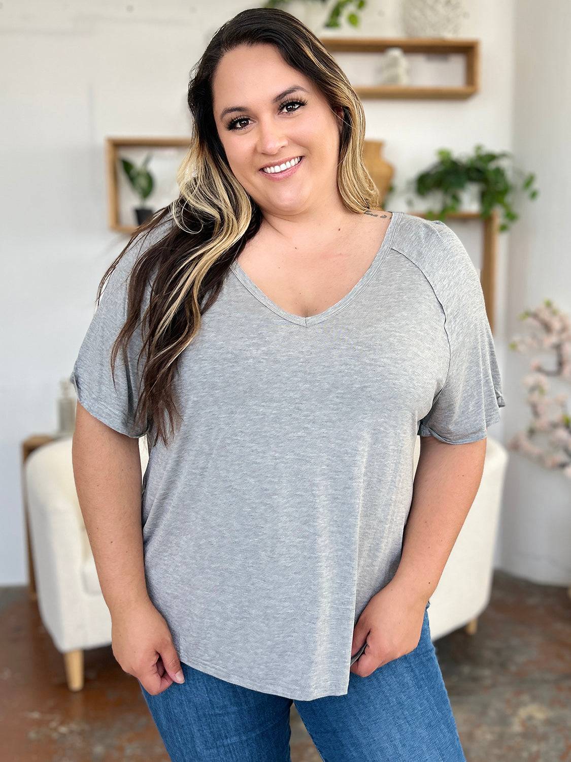 Basic Bae Full Size Bamboo Slit V-Neck Short Sleeve T-Shirt - Clothes For Her Online Store