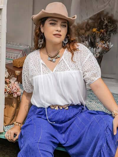 Plus Size Tie Neck Short Sleeve Blouse - Clothes For Her Online Store
