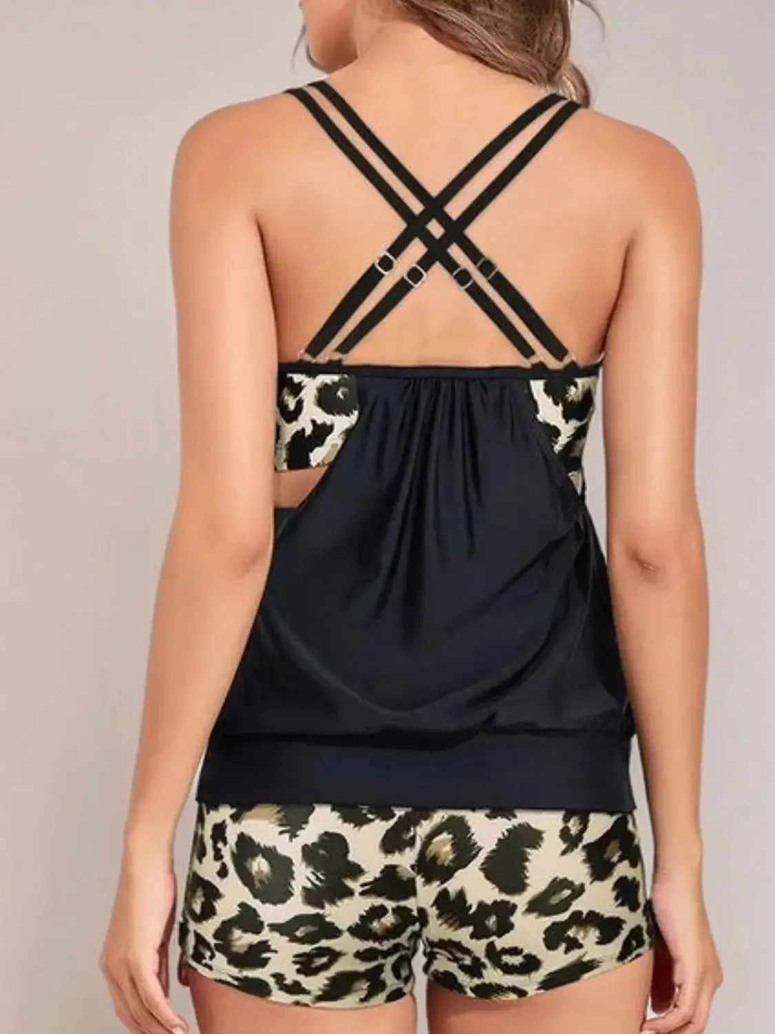 Crisscross Leopard Scoop Neck Two-Piece Swim Set - Clothes For Her Online Store