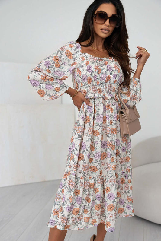 Floral Smocked Square Neck Dress - Clothes For Her Online Store