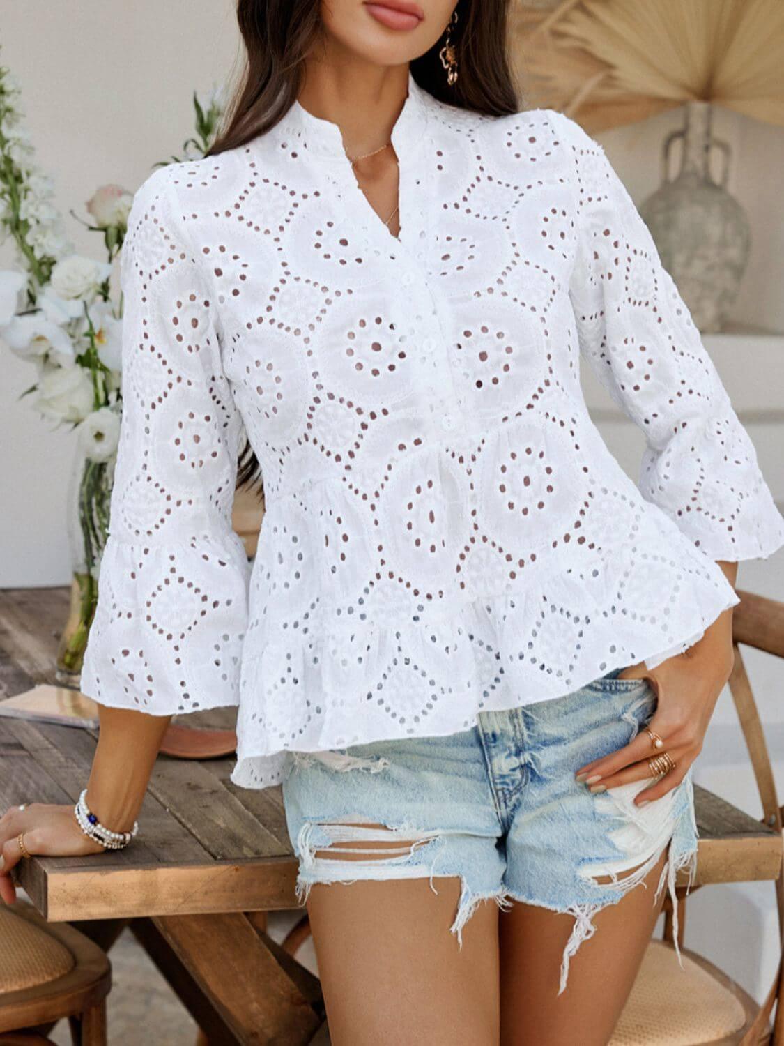 Devine Half Button Flounce Sleeve Peplum Blouse