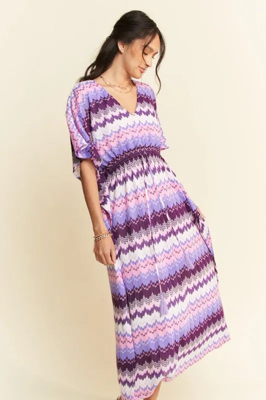 Davi & Dani Multi Color Wavy Tie Waist Flowy Sleeve Dress