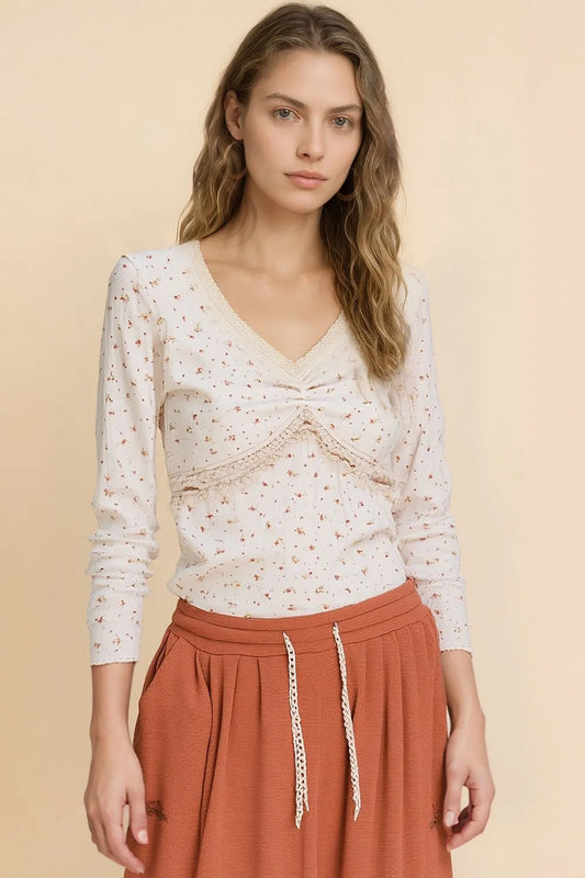 POL Floral V-Neck Long Sleeve T-Shirt