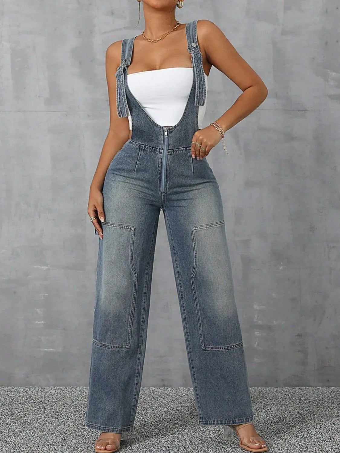 Zip Front Wide Strap Denim Overalls