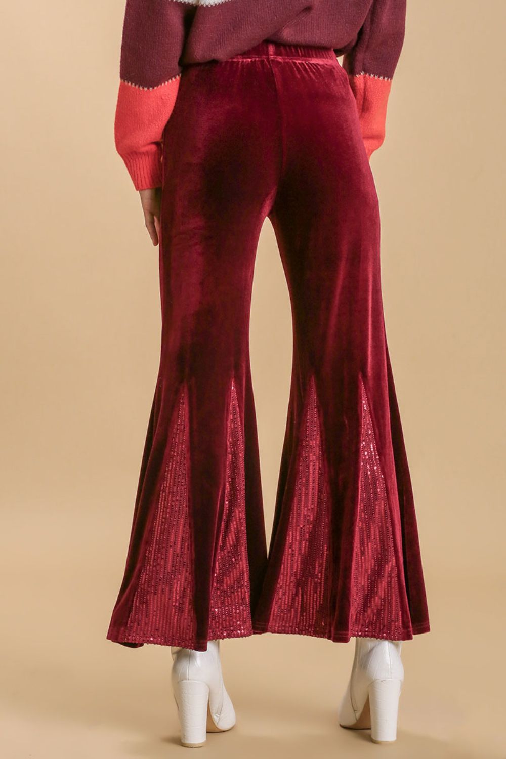 Umgee Full Size Sequin Elastic Waist Velvet Stretch Flare Leg Pants Plus Size - Clothes For Her Online Store