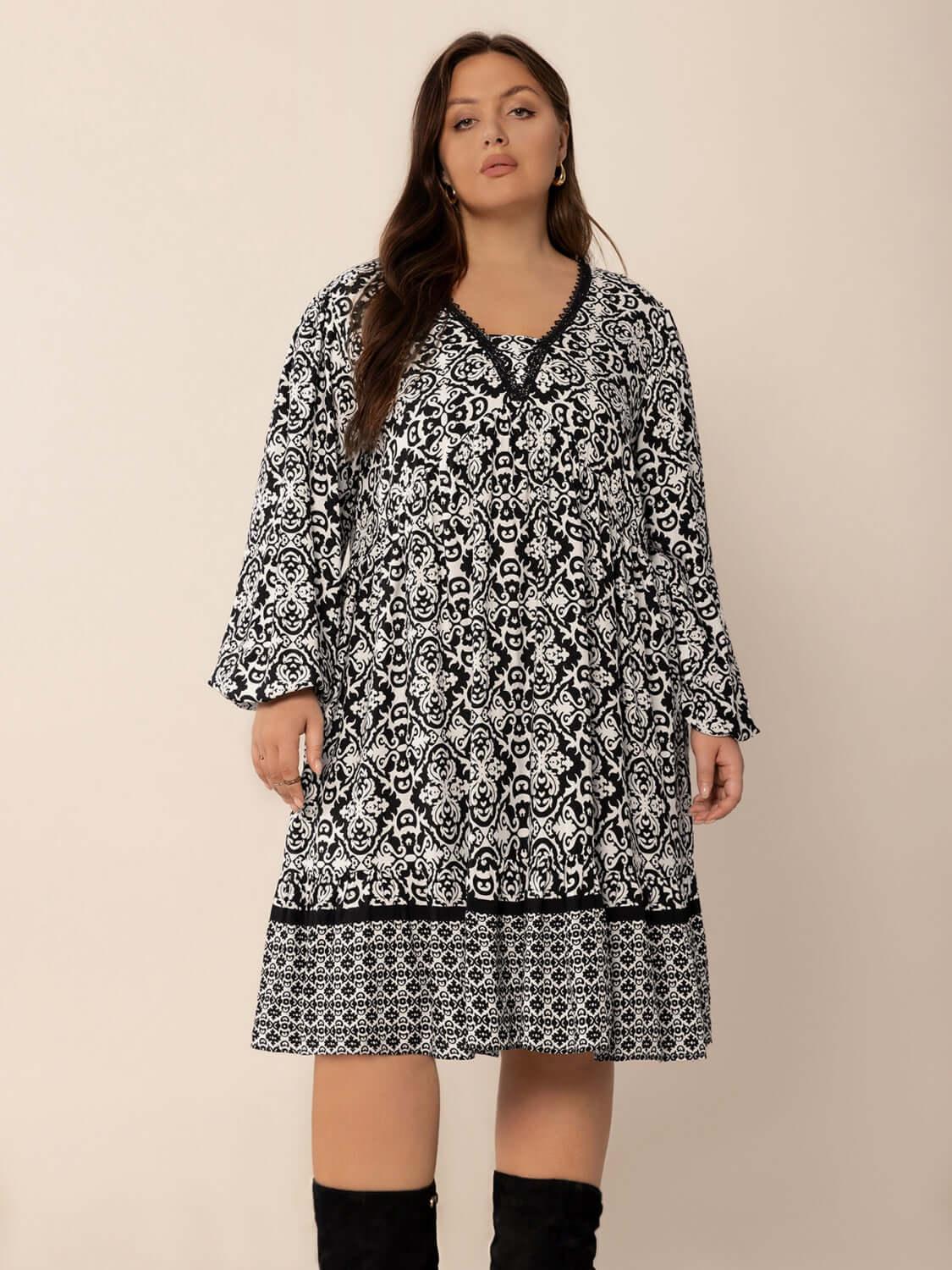 Plus Size Lace Detail Printed Balloon Sleeve Dress