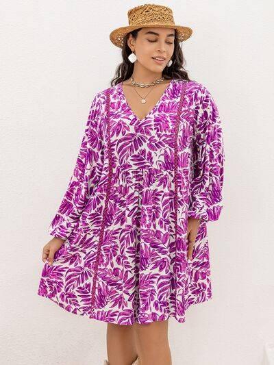 Plus Size Printed V-Neck Balloon Sleeve Mini Dress - Clothes For Her Online Store