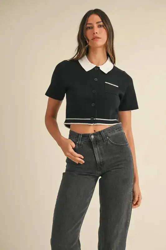 MABLE Button Down Contrast Collared Knit Cardigan - Clothes For Her Online Store