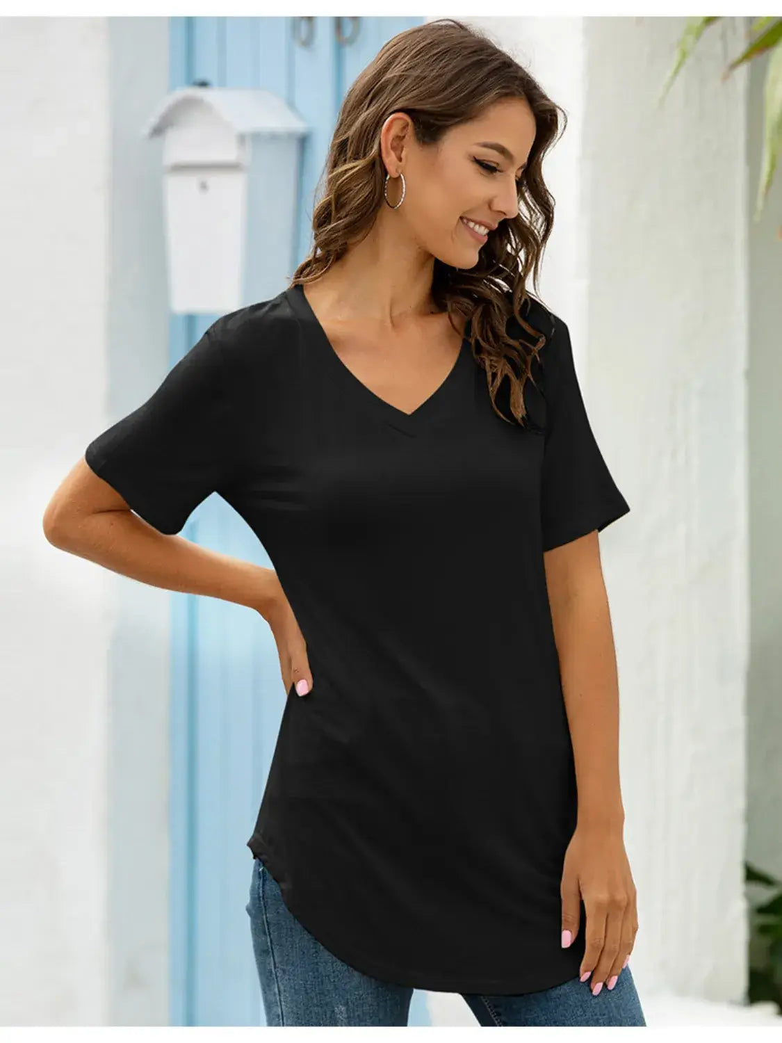 Full Size Solid V-Neck Short Sleeve T-Shirt Plus Size