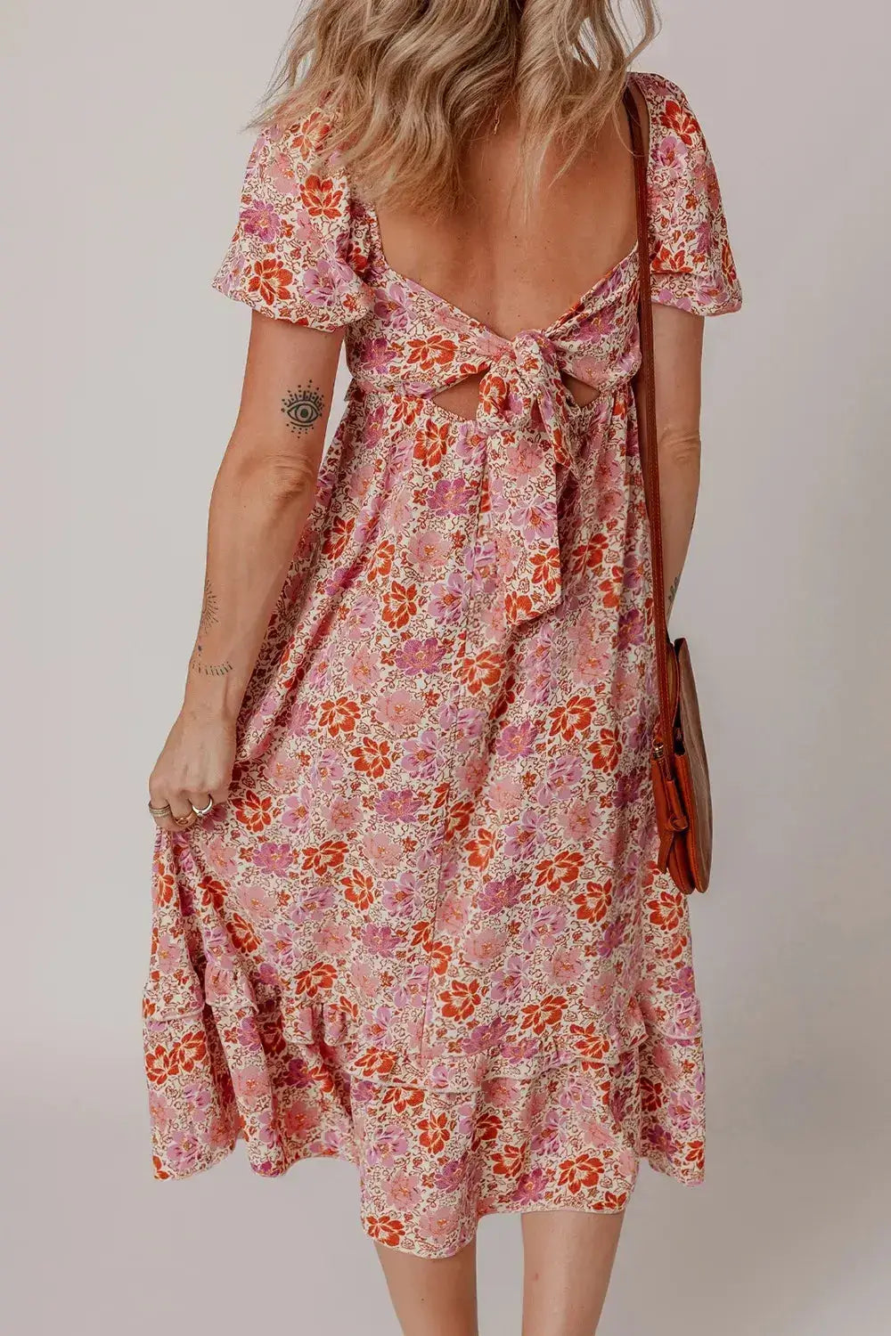 Floral Square Neck Knotted Ruffle Midi Dress - Clothes For Her Online Store