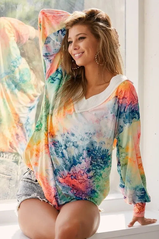 BiBi Tie Dye Soft Knit Jersey V-Neck Top