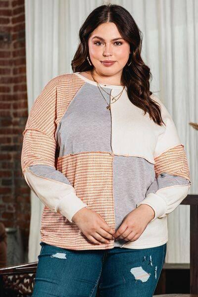 Plus Size Exposed Seam Color Block Round Neck Sweatshirt - Clothes For Her Online Store