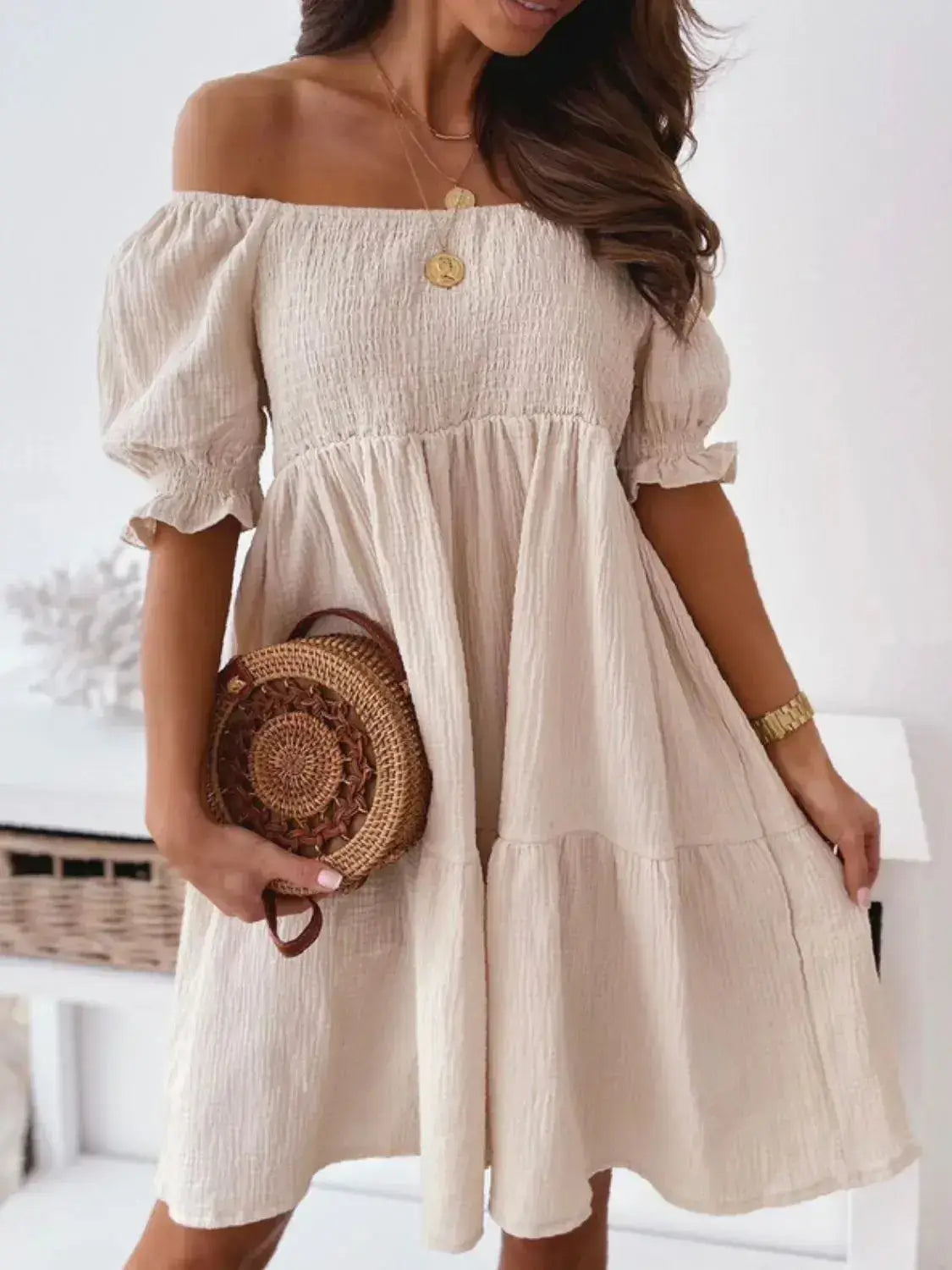 Smocked Off-Shoulder Mini Dress