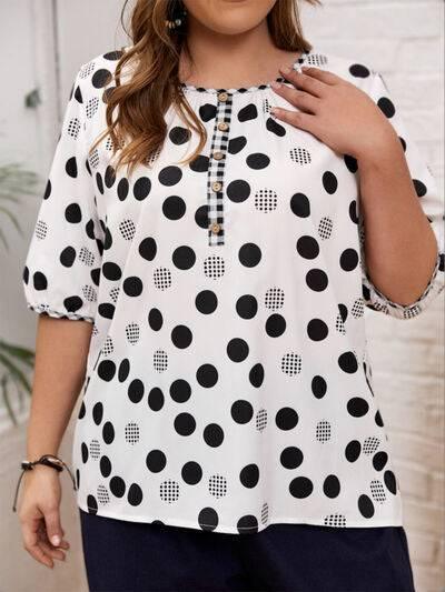 Plus Size Polka Dot Round Neck Half Sleeve Blouse - Clothes For Her Online Store