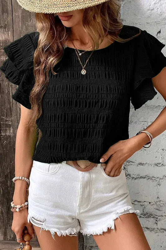Round Neck Ruffled Layered Short Sleeve Blouse