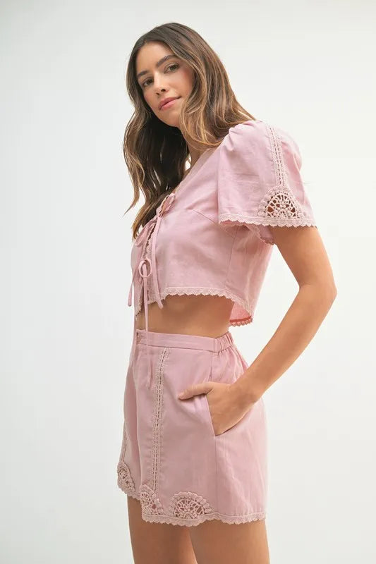 MABLE Crochet Lace Detail Crop Top and Shorts Set - Clothes For Her Online Store