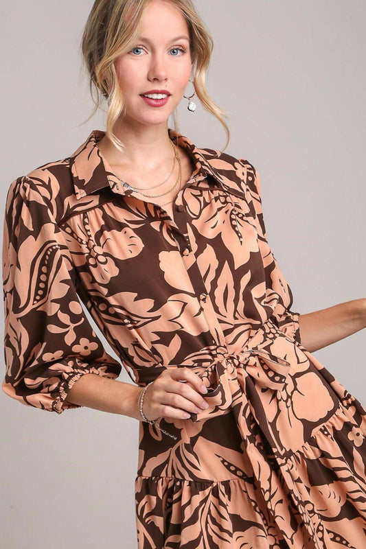 Umgee Full Size Two Tone Floral Print Puff Sleeve Tie Waist Dress Plus Size - Clothes For Her Online Store