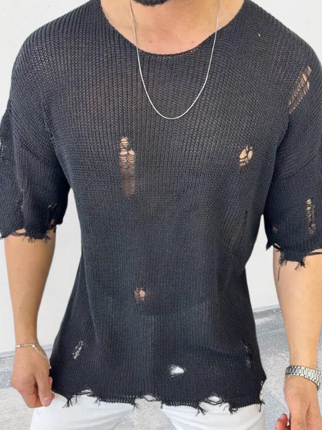 Men's Distressed Round Neck Knit Top - Clothes For Her Online Store