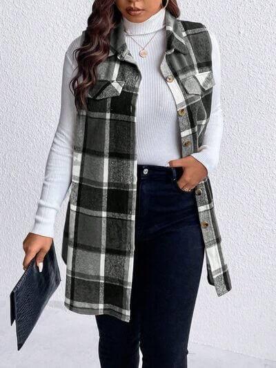 Honey Plus Size Pocketed Plaid Button Up Vest Coat - Clothes For Her Online Store