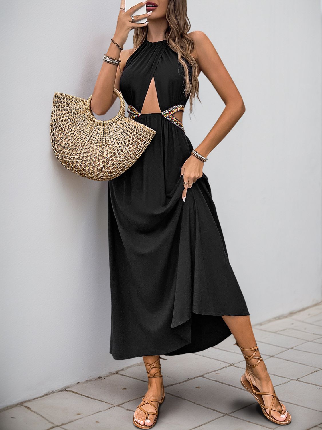 Perfee Cutout Grecian Neck Tied Back Dress