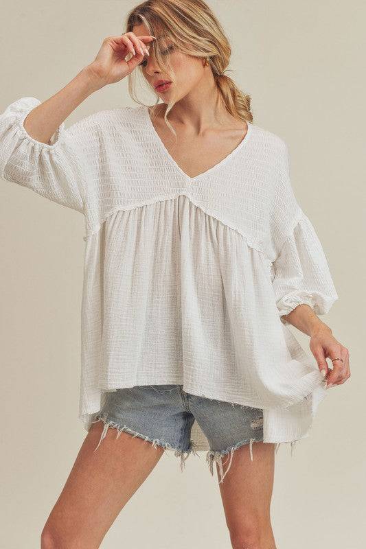 Aemi + Co High-Low Frayed Hem V-Neck Blouse - Clothes For Her Online Store