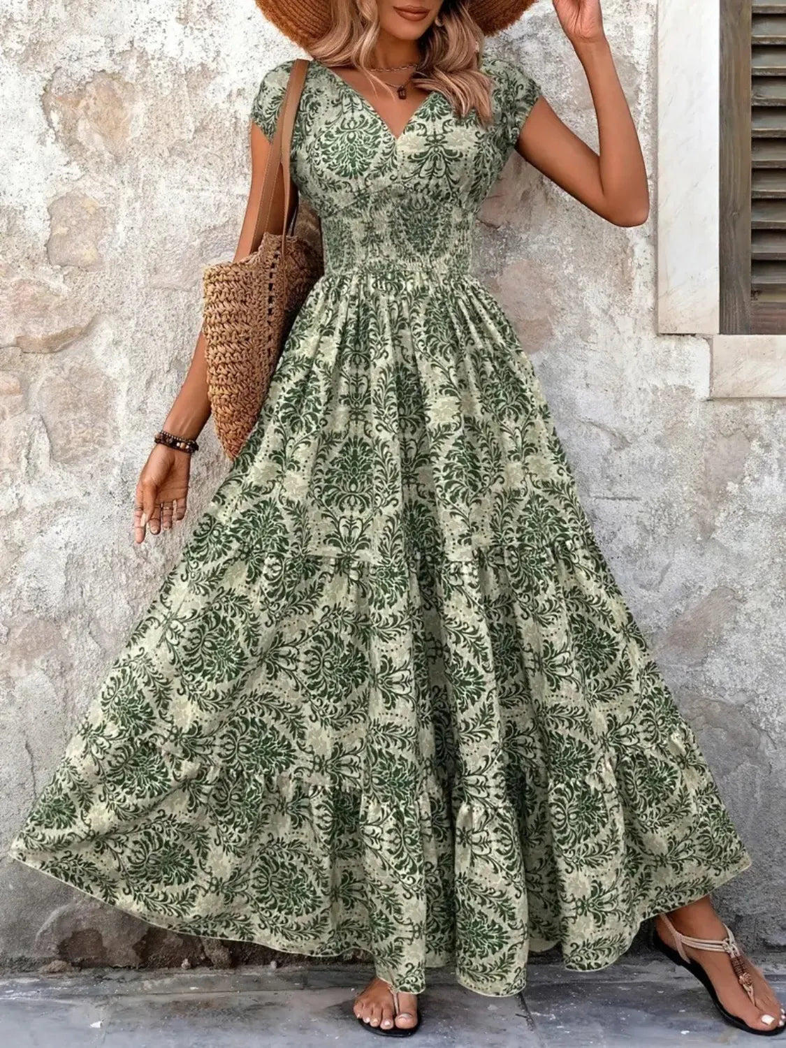 Vintage Floral Cap Sleeve Maxi Dress
