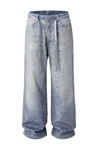 Men's Washed Rhinestone Jeans with Rhinestone Belt