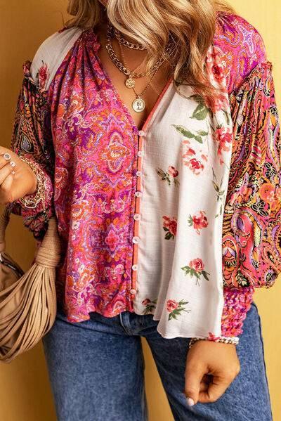 Plus Size Frill Printed V-Neck Long Sleeve Blouse - Clothes For Her Online Store