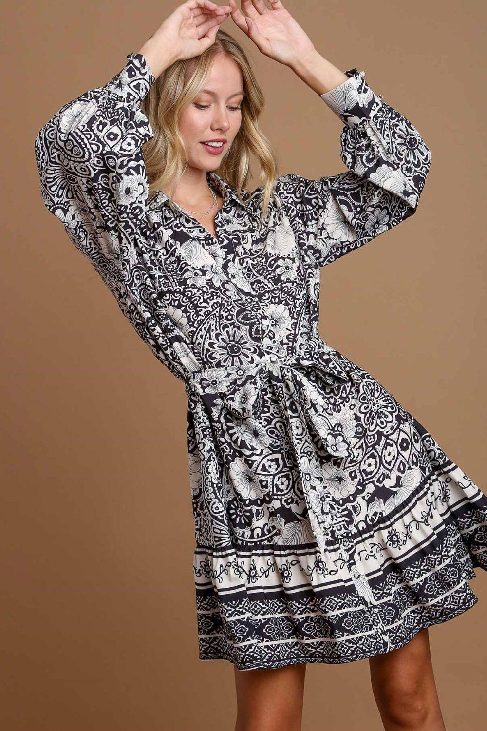 Umgee Full Size Two Tone Floral Border Print Tie Waist Mini Dress Plus Size - Clothes For Her Online Store