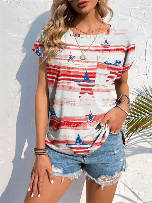 Printed Round Neck Short Sleeve T-Shirt - Clothes For Her Online Store
