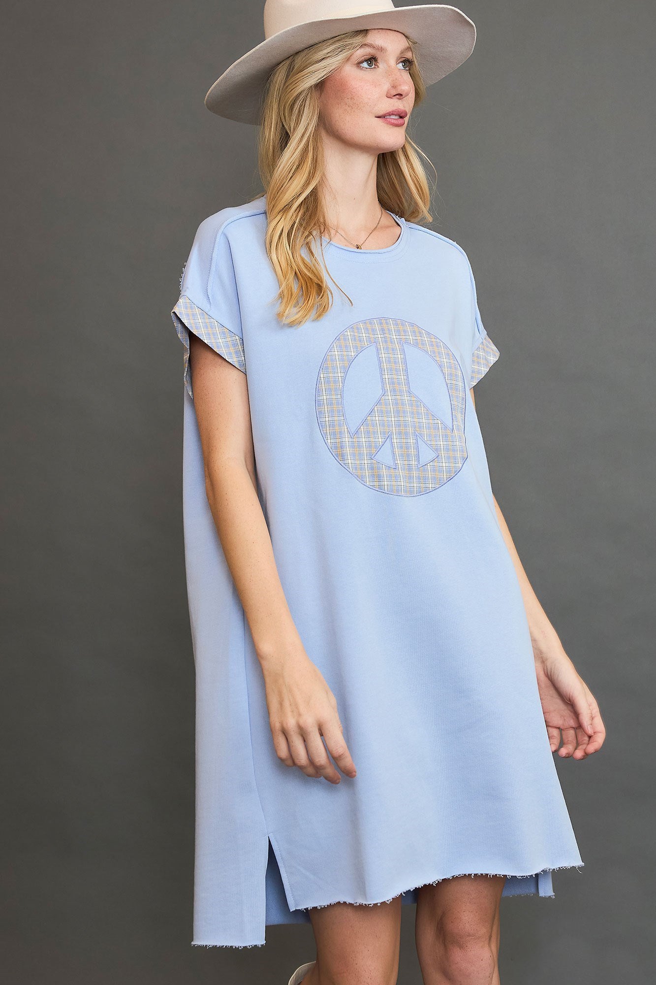 Umgee Peace Plaid Applique Short Sleeve Mini Dress - Clothes For Her Online Store