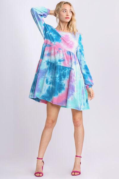 Umgee Full Size Tie Dye Round Neck Long Sleeve Babydoll Tiered Dress Plus Size - Clothes For Her Online Store